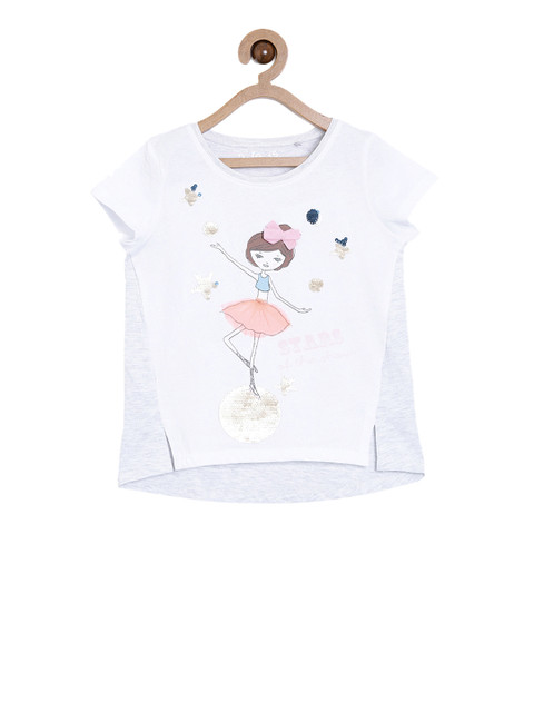 

5.10.15 Girls White & Pink Printed Embellished Round Neck T-shirt