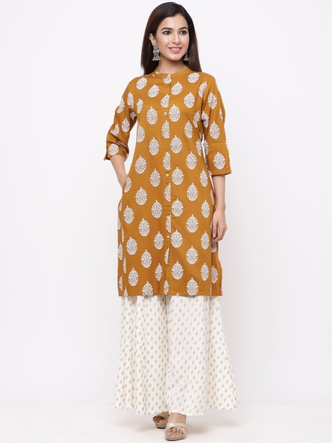 

Juniper Women Mustard Yellow & Off-White Printed A-Line Kurta