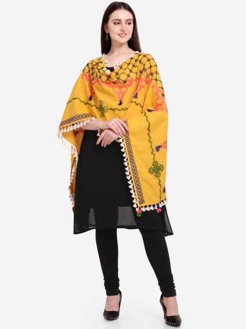 

Mesmora Women Yellow & Black Embroidered Khadi Cotton Stole