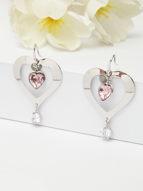 

AVANT-GARDE PARIS Silver-Toned & Pink Heart Shaped Rhodium Plated Drop Earrings