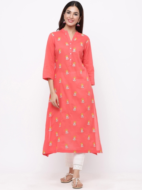 

Juniper Women Coral Pink & Mustard Embroidered A-Line Kurta