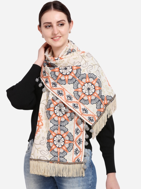 

Mesmora Women Cream-Coloured & Orange Embroidered Stole