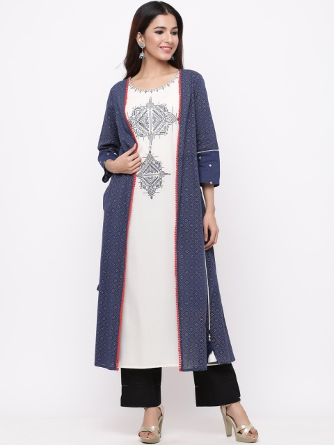 

Juniper Women Navy Blue & White Printed A-Line Kurta