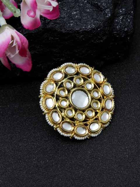 

DUGRISTYLE Gold-Plated White Kundan-Studded Beaded Handcrafted Cocktail Adjustable Finger Ring