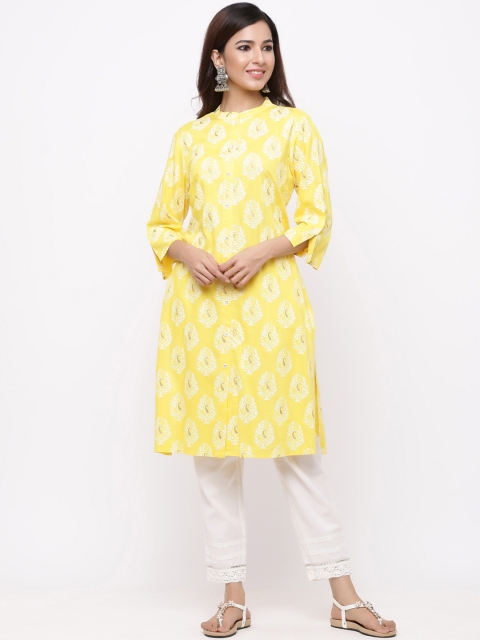 

Juniper Women Yellow & White Embroidered Straight Kurta