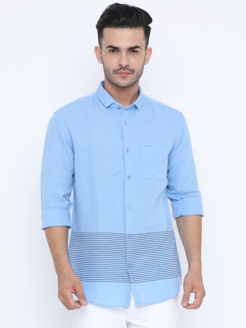 

WITH Men Blue Slim Fit Striped Linen Casual Shirt