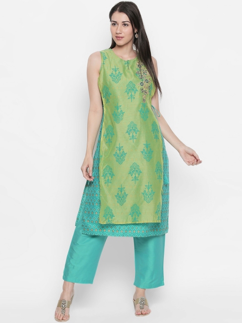 

TRISHAA BY PANTALOONS Women Turquoise Blue & Green Self Design Kurti with Trousers
