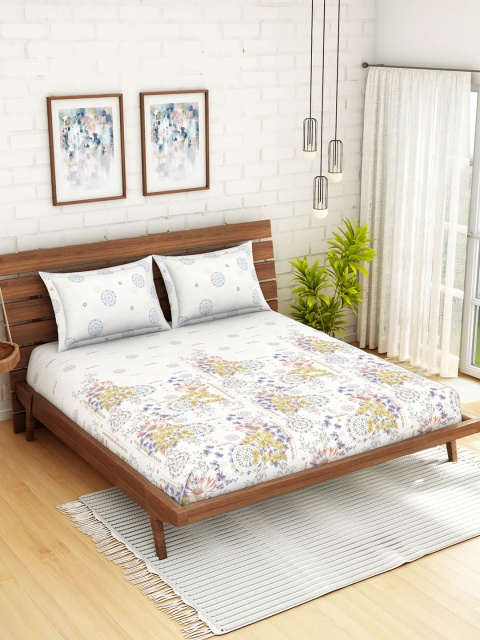 

SPACES Yellow & White Ethnic Motifs 180 TC Cotton 1 King Bedsheet with 2 Pillow Covers