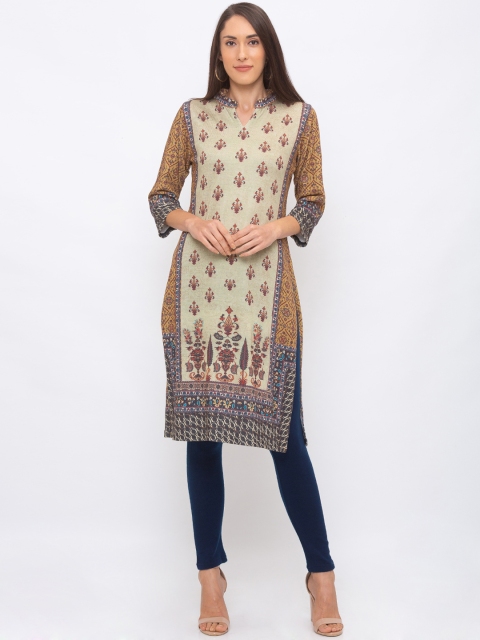 

Globus Women Mustard Yellow & Blue Printed Straight Kurta