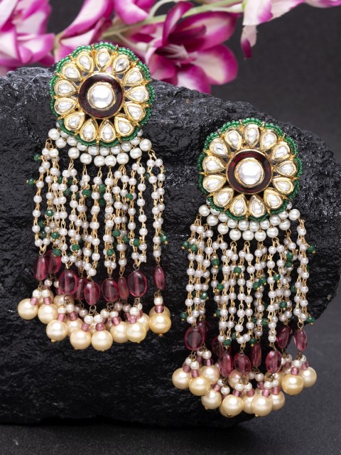 

DUGRISTYLE Gold-Plated & Pink Classic Kundan Studded Drop Earrings