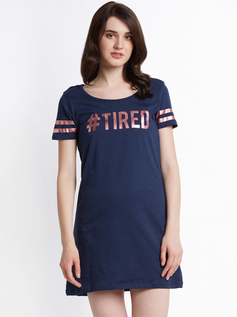 

Dreamz by Pantaloons Women Navy Blue & Bronze Printed Sleep Shirt