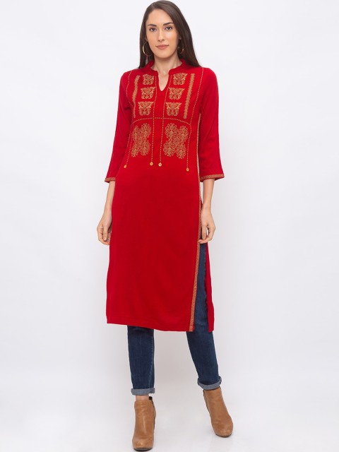 

Globus Women Red & Gold-Coloured Embroidered Straight Kurta