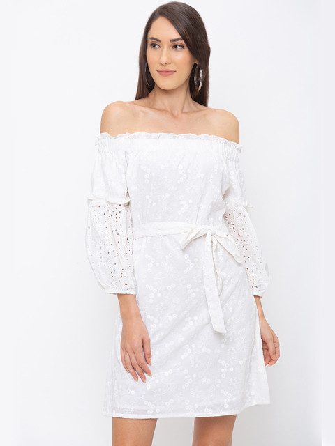 

Globus Women White Self Design A-Line Dress