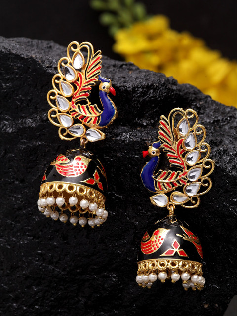

DUGRISTYLE Navy Blue & Gold-Plated Peacock Shaped Jhumkas