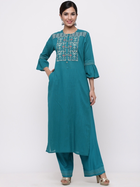 

Juniper Women Green & Red Embroidered Kurta with Palazzos