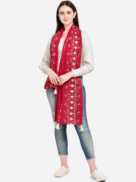 

Mesmora Women Red & White Embroidered Khadi Cotton Stole