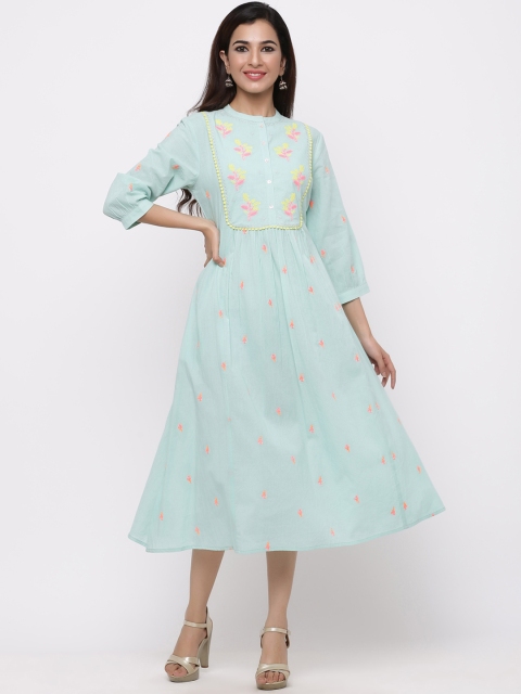 

Juniper Women Mint Green & Coral Pink Embroidered Fit and Flare Dress
