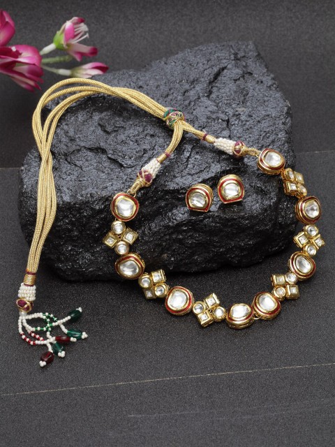

DUGRISTYLE Gold-Plated White & Red Kundan-Studded Handcrafted Jewellery Set