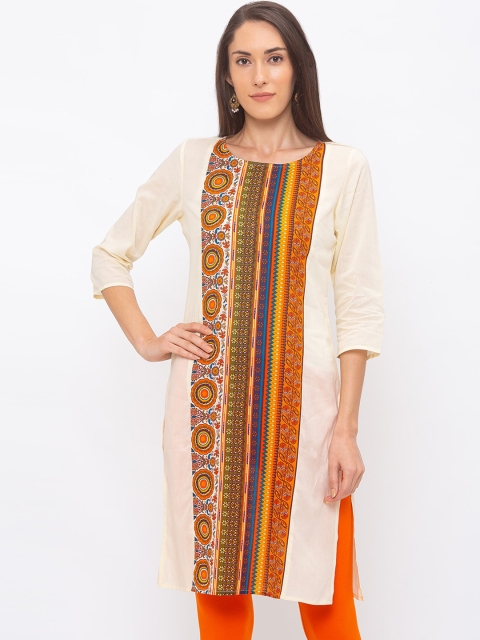 

Globus Women Cream-Coloured & Orange Printed Straight Kurta