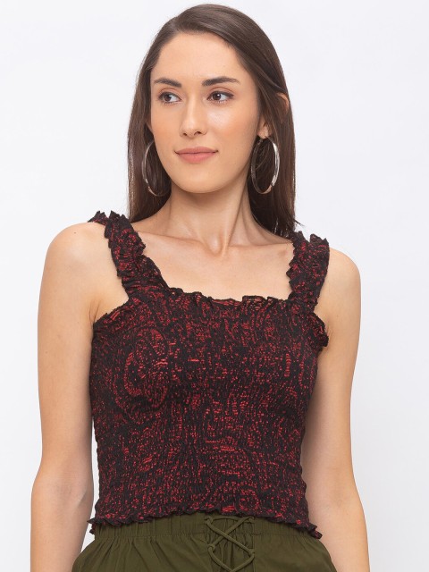 

Globus Women Black & Red Printed Smocked Pure Cotton Top