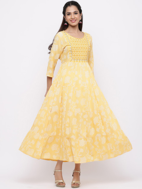 

Juniper Women Yellow Printed Fit and Flare Dress