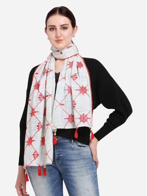 

Mesmora Women White & Red Embroidered Stole