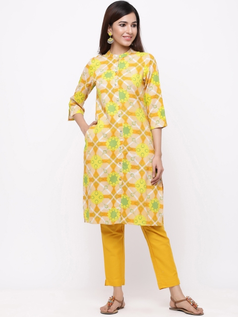 

Juniper Women Mustard Yellow & White Printed Straight Kurta