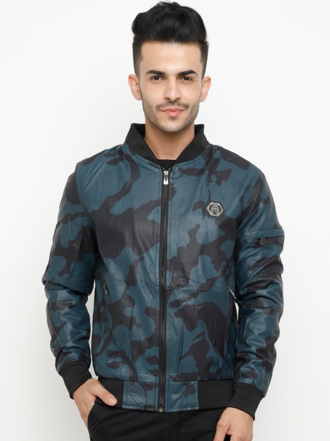 

SHOWOFF Men Blue Camouflage Printed Lightweight Bomber