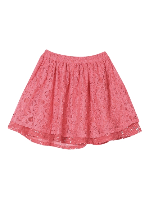 

Cherokee Girls Pink Self Design Lace Flared Knee-Length Skirt