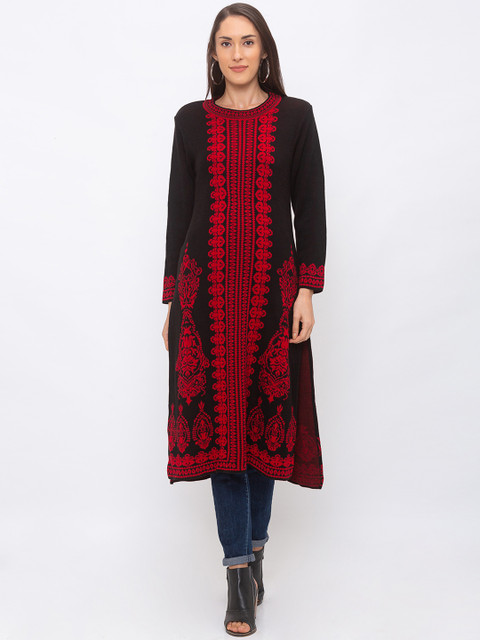 

Globus Women Black & Red Embroidered A-Line Kurta