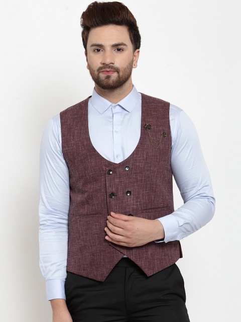 

MAXENCE Men Burgundy Solid Slim-Fit Waistcoat