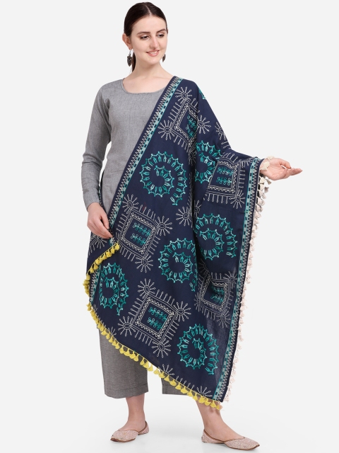 

Mesmora Women Navy Blue & Green Embroidered Stole