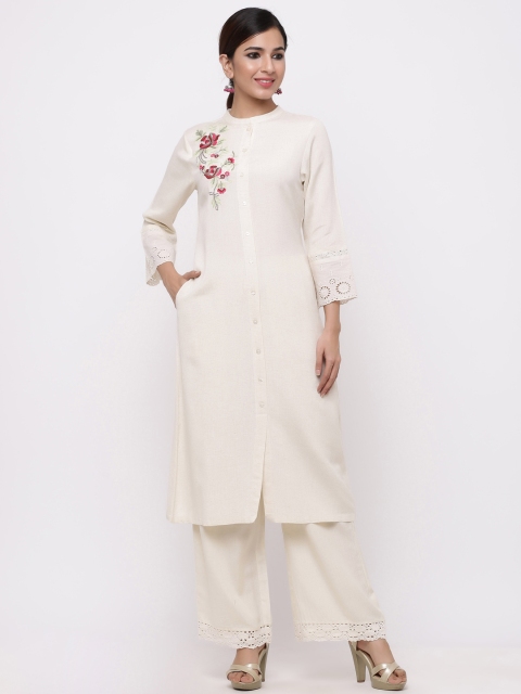 

Juniper Women Off-White & Maroon Embroidered Straight Kurta