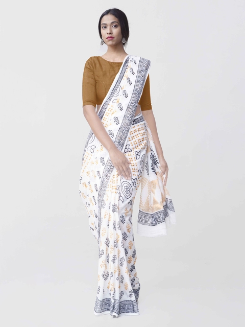 

Unnati Silks White & Navy Blue Pure Mulmul Cotton Hand Block Printed Kota Saree