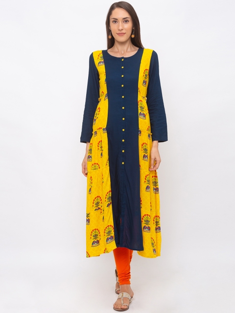 

Globus Women Navy Blue & Yellow Printed A-Line Kurta