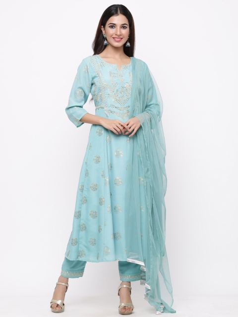 

Juniper Women Blue & Gold-Coloured Embroidered Kurta with Trousers & Dupatta