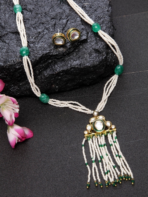 

DUGRISTYLE Gold-Plated Green & White Kundan-Studded Pearls Handcrafted Jewellery Set