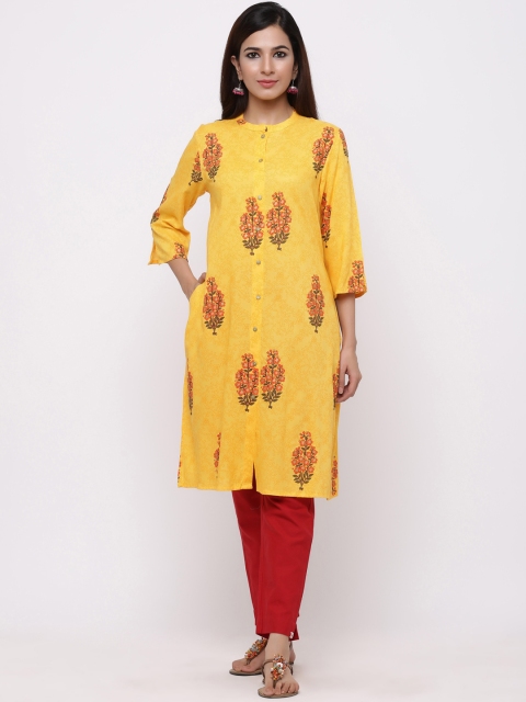 

Juniper Women Mustard Yellow & Coral Red Printed Straight Kurta