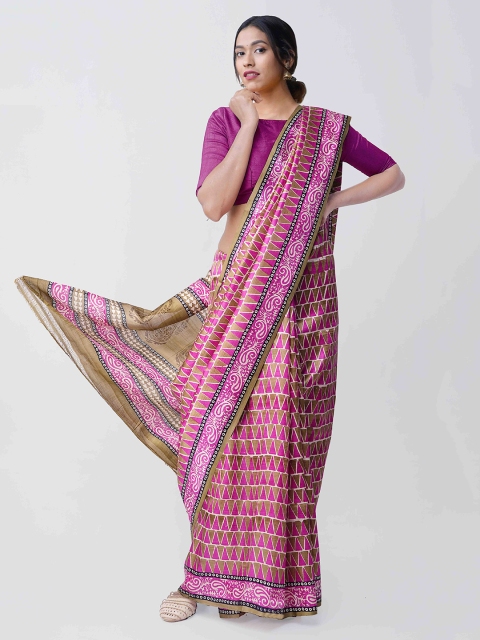 

Unnati Silks Pink & Brown Pure Silk Printed Handloom Tussar Saree