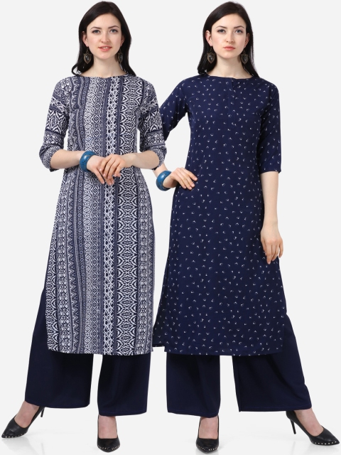 

Silk Bazar Women Pack Of 2 Navy Blue & Off-White Printed Straight Kurtas