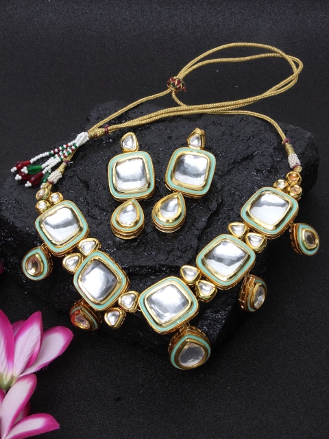 

DUGRISTYLE Sterling Silver Gold-Plated & White Kundan Studded Handcrafted Jewellery Set