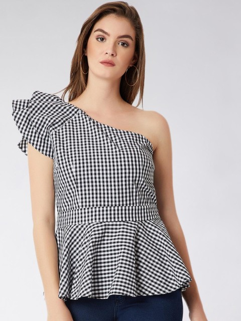 

Miss Chase Women Black Checked One Shoulder Pure Cotton Top
