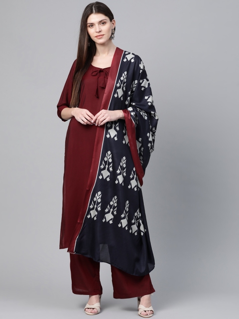 

AKS Women Maroon & Navy Blue Solid Kurta with Palazzos & Dupatta