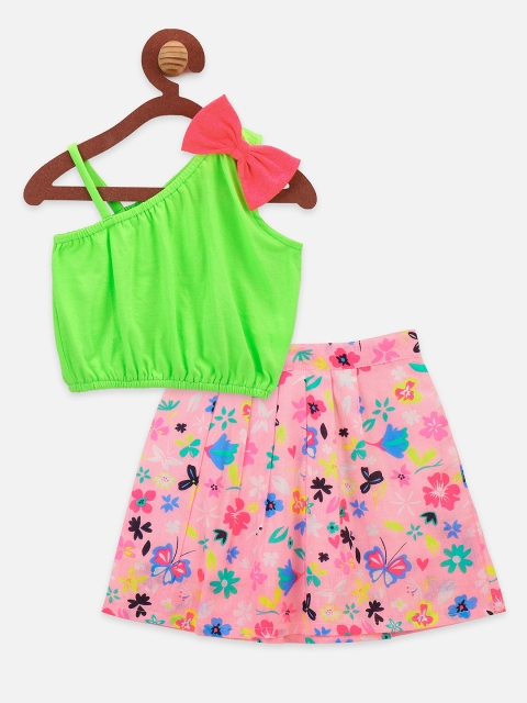 LilPicks Girls Green & Pink Floral Printed Crop Top with Skirt
