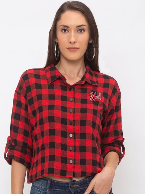 

Globus Women Red & Black Regular Fit Checked Casual Shirt
