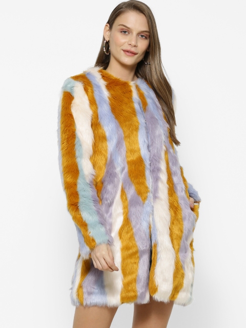 

FOREVER 21 Women White & Yellow Striped Hip-Length Faux Fur Overcoat