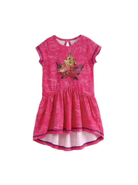 

KiddoPanti Girls Pink & Yellow Maple Leaf Print Drop-Waist Dress