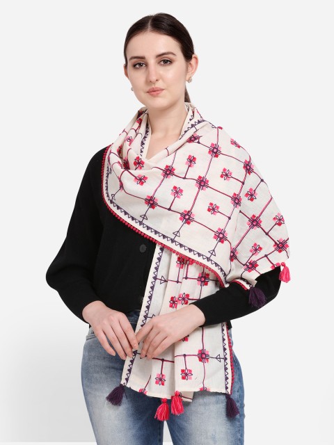 

Mesmora Women White & Pink Embroidered Stole