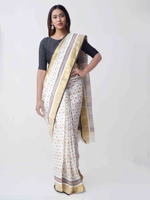 

Unnati Silks Cream-Coloured & Brown Pure Kerala Cotton Printed Kerala Kasavu Saree