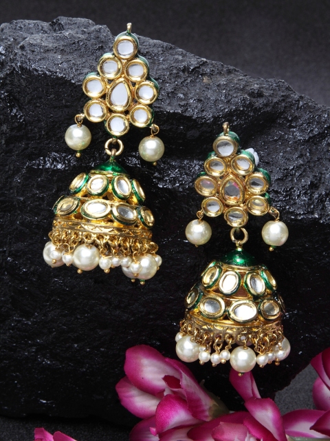 

DUGRISTYLE Green Gold-Plated Kundan-Studded Dome Shaped Jhumkas